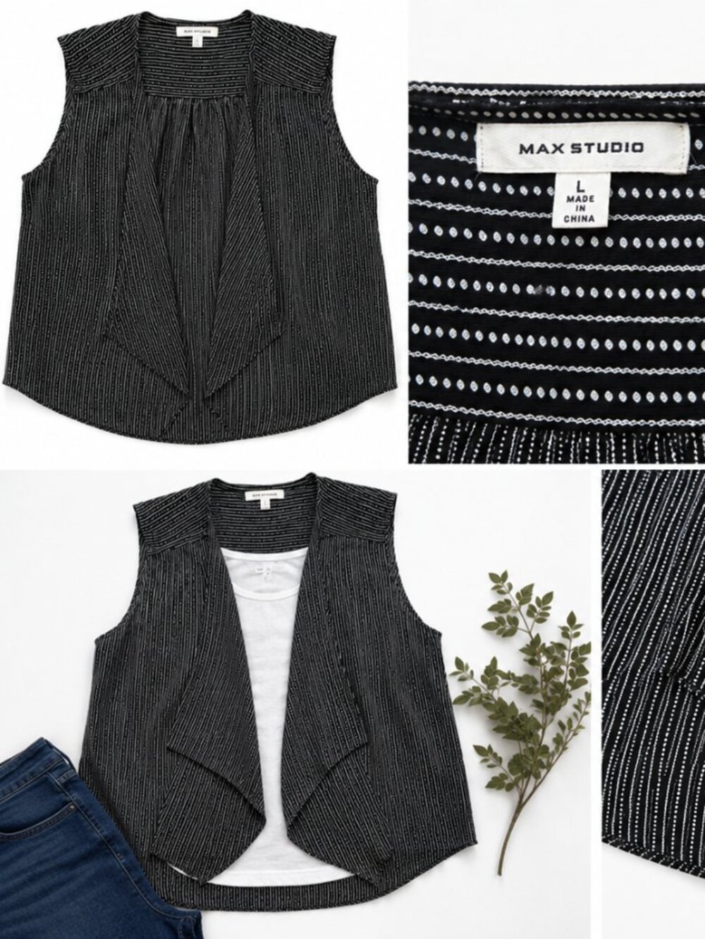 Max Studio Black & White Open Front Sleeveless Blouse – Size Large